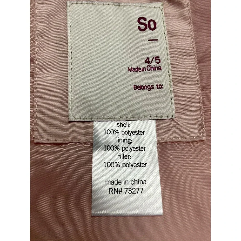 Nw SO Brand Barn Jacket/Coat Size Girls 4/5 Color Lt Pink Quilted lightweight
